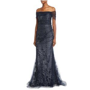 NWT Rickie Freeman For Teri Jon Metallic Lace Off-the-Shoulder Evening Gown 6
